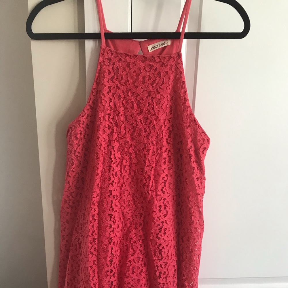 Peach Royal, high neck, coral, lace dress
